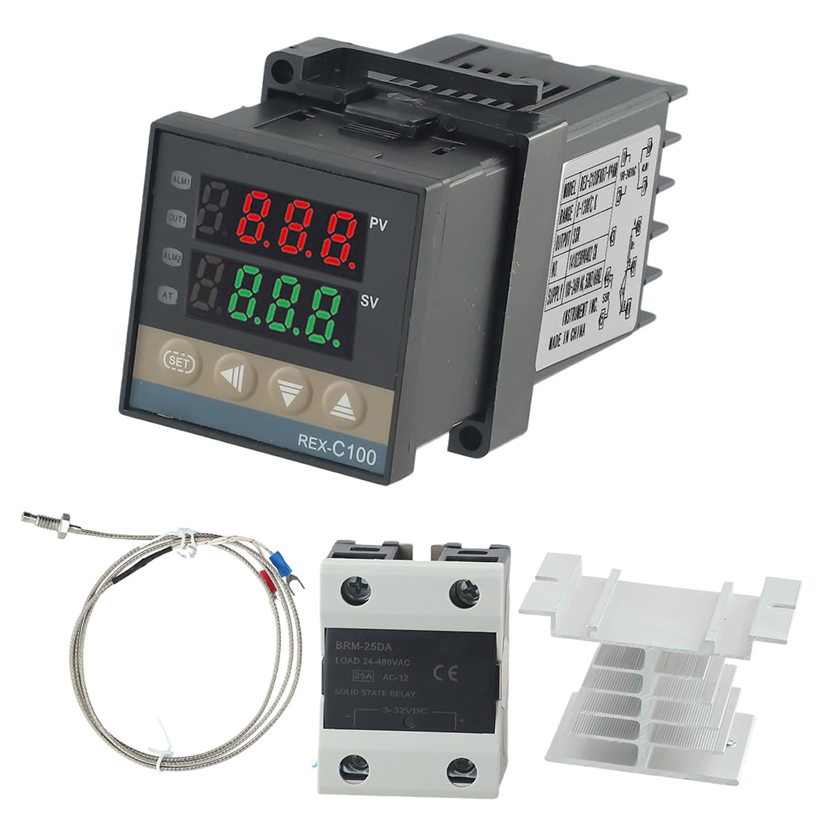 Controlador de temperatura digital PID REX-C100 con sensor de sonda K for disipador de calor de termopar SSR 25DA de 1300 ℃.
