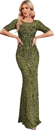 Short Sleeve Glitter Mermaid Evening Dress for Mother of The Bride Patchwork Womens Sequin Formal Gown