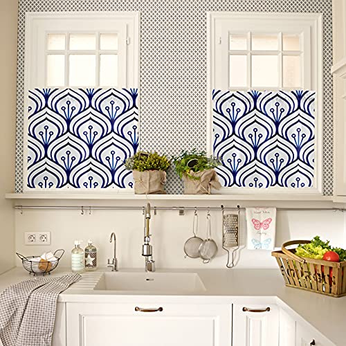 Edwiinsa Kitchen Curtain 2 Panels Tiers Curtains 24 Inch Length, Floral, Curtains Rod Pocket Curtains Window Drapes Treatment Window Cafe Curtains Blue and White Porcelain Fish Scale