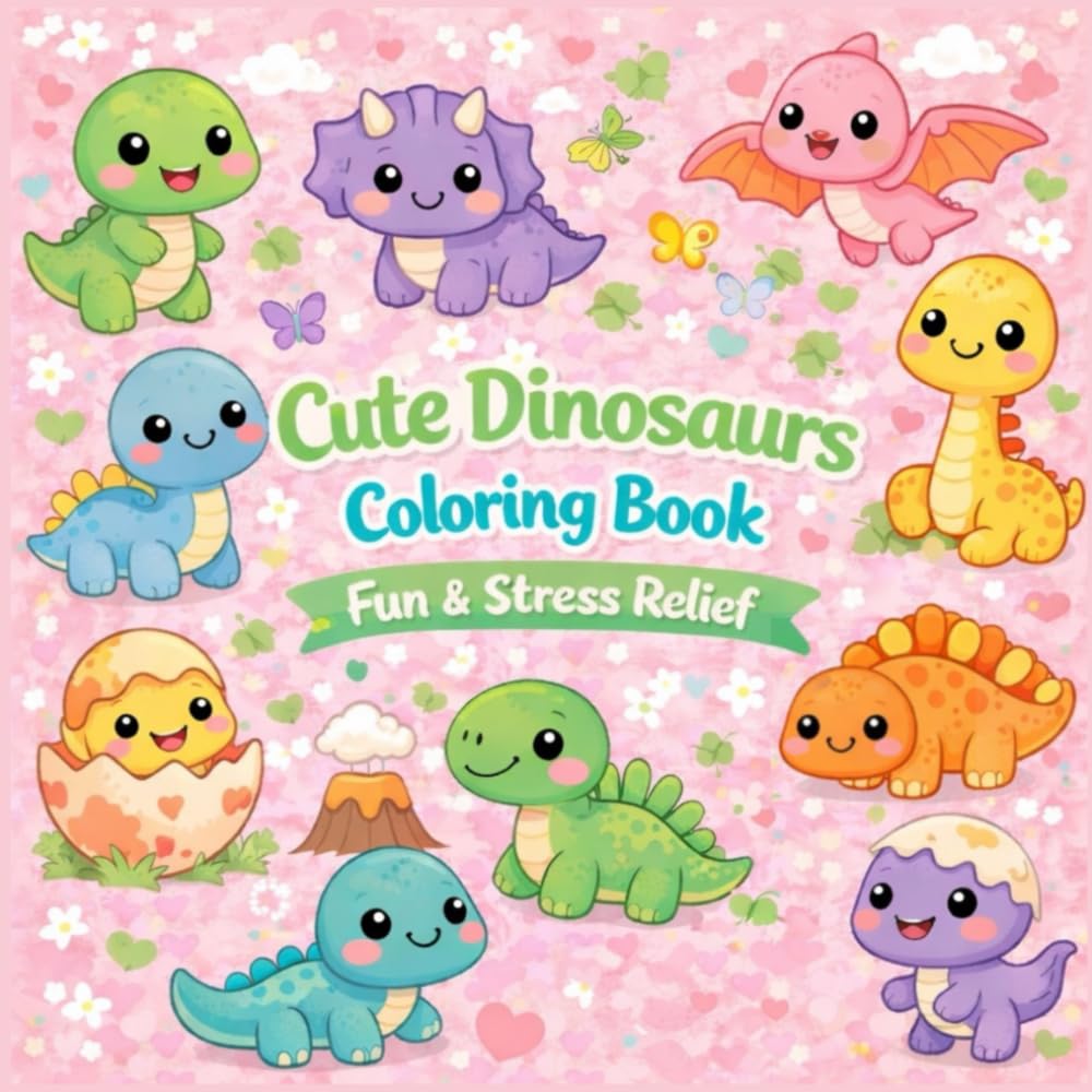 Cute Dinosaurs Coloring Book Fun & Stress Relief Kawaii Dinosaurs with Simple Design for Relaxation (Bold & Easy Cute Coloring Books for Kids and Adults)