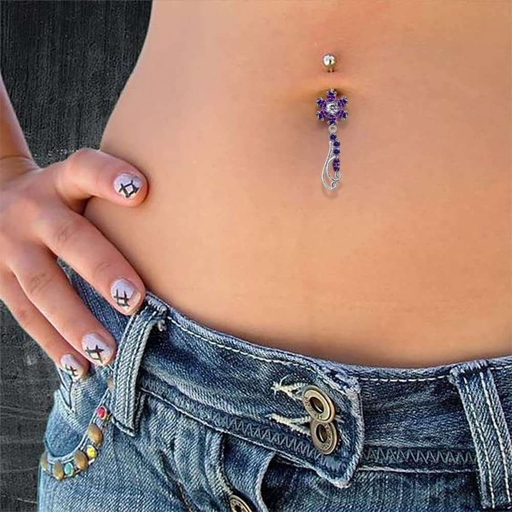 Stylish Flower with Filigree Tail Dangling Design 925 Sterling Silver with Stainless Steel Belly Ring - Belly Button jewelry - Navel jewelry