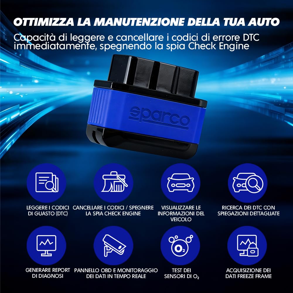 Sparco Dispositivo di diagnosi per auto multimarca OBD2 Scanner Bluetooth 5.2 per iOS e Android Lettore di codici di errore DTC Cancellazione dei guasti del motore Monitoraggio in tempo reale