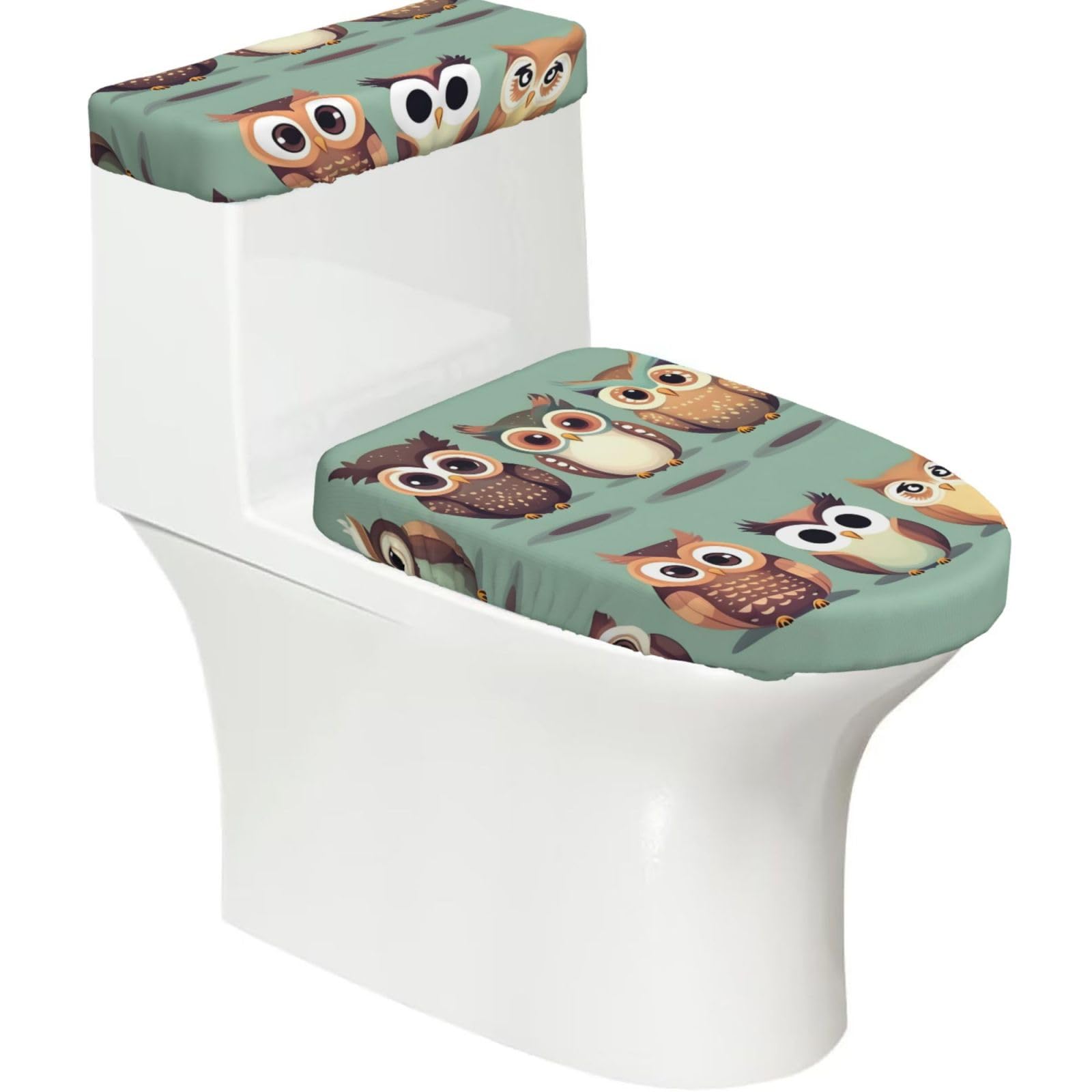Cartoon Owls Cute Printed Toilet Tank and Lid Cover Set of 2 for Most Bathrooms, Fits Elongated Round Toilets