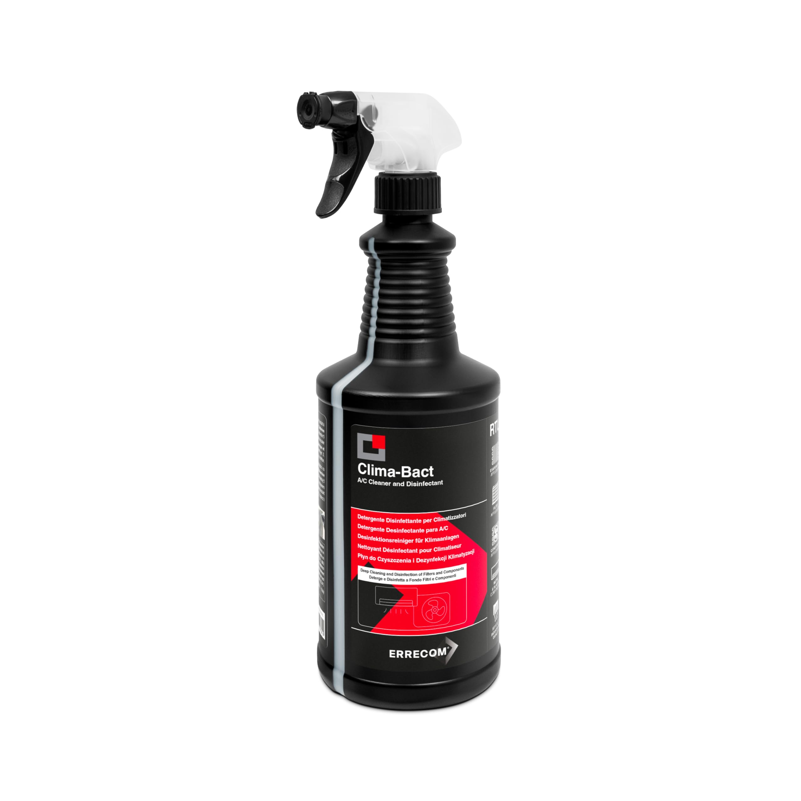ERRECOM Clima-Bact Detergente Disinfettante per Climatizzatori, Biocida Registrato, Elimina Batteri, Virus, Sporco, Odori, Pulisce e Disinfetta Filtri, Batterie Alettate e Superfici,Biodegradabile,1L