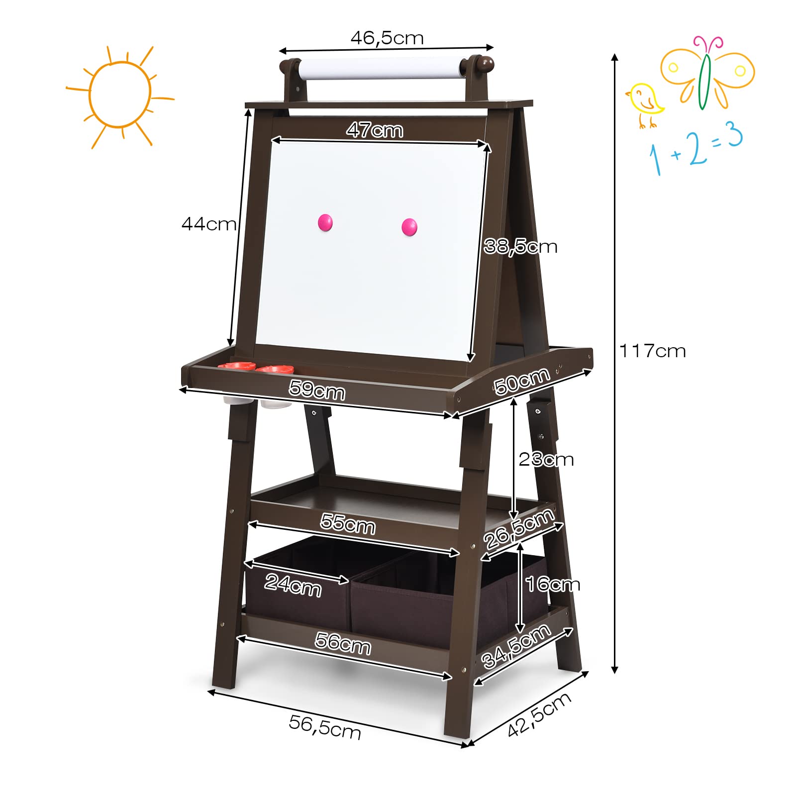 RELAX4LIFE 3 en 1 Pizarra Infantil, Caballete Pintura Niños con Rollo de Papel 5M, Caballete de Doble Cara con 3 Estantes, 2 Cajas, 2 Imanes y 2 Botes de Pintura, Regalo para Niños (Café)