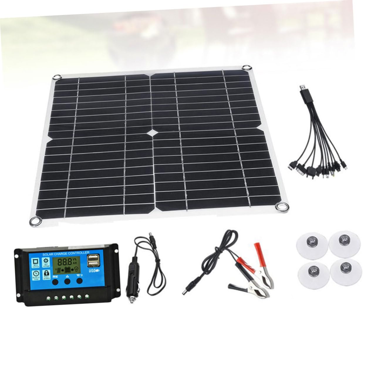Pannello Solare da 20w in Silicio Cristallino con Controller 20a | Set da 1 Pezzo, Nero, Eva e Pet, per Outdoor e Campeggio, 2 Moschettoni Inclusi