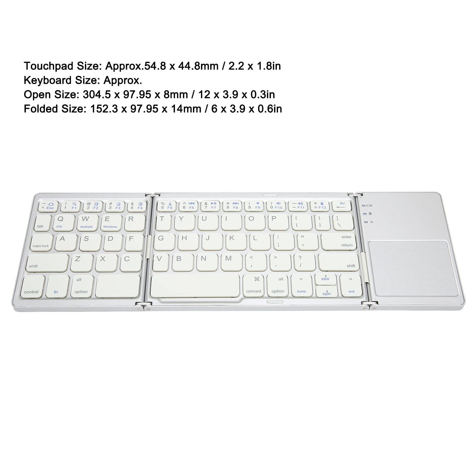 Składana klawiatura Bluetooth, 63 klawisze Trzy składana konstrukcja Lekka mini składana klawiatura z touchpadem, klucz parowania Bluetooth 5.0 BT dla systemu Windows dla Android(Silver)