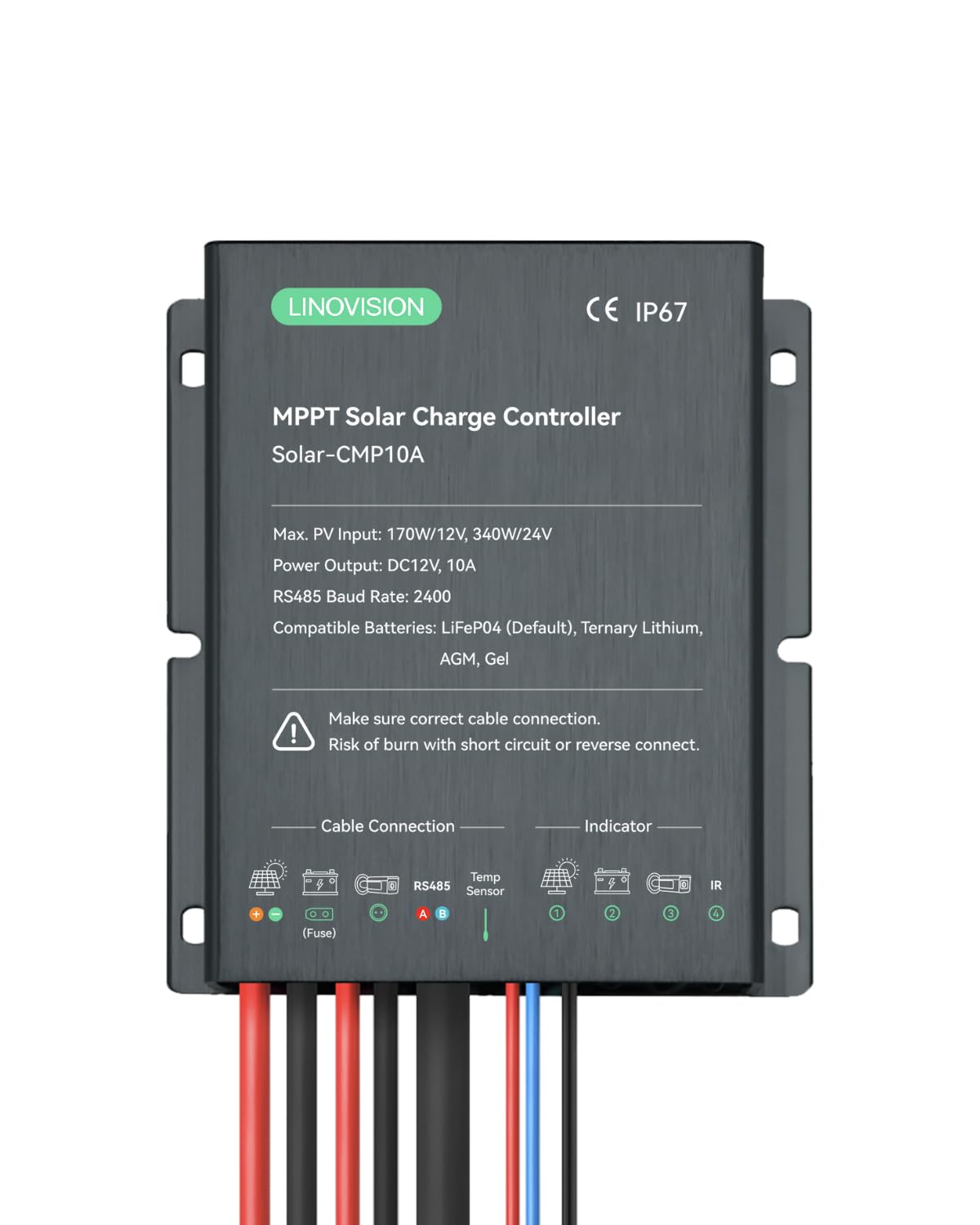 LINOVISION MPPT 12V/24V 10A Contrôleur de charge solaire avec télécommande RS485 et accès au cloud pour le système de caméra alimenté par l'énergie solaire, le lampadaire, la remorque solaire.
