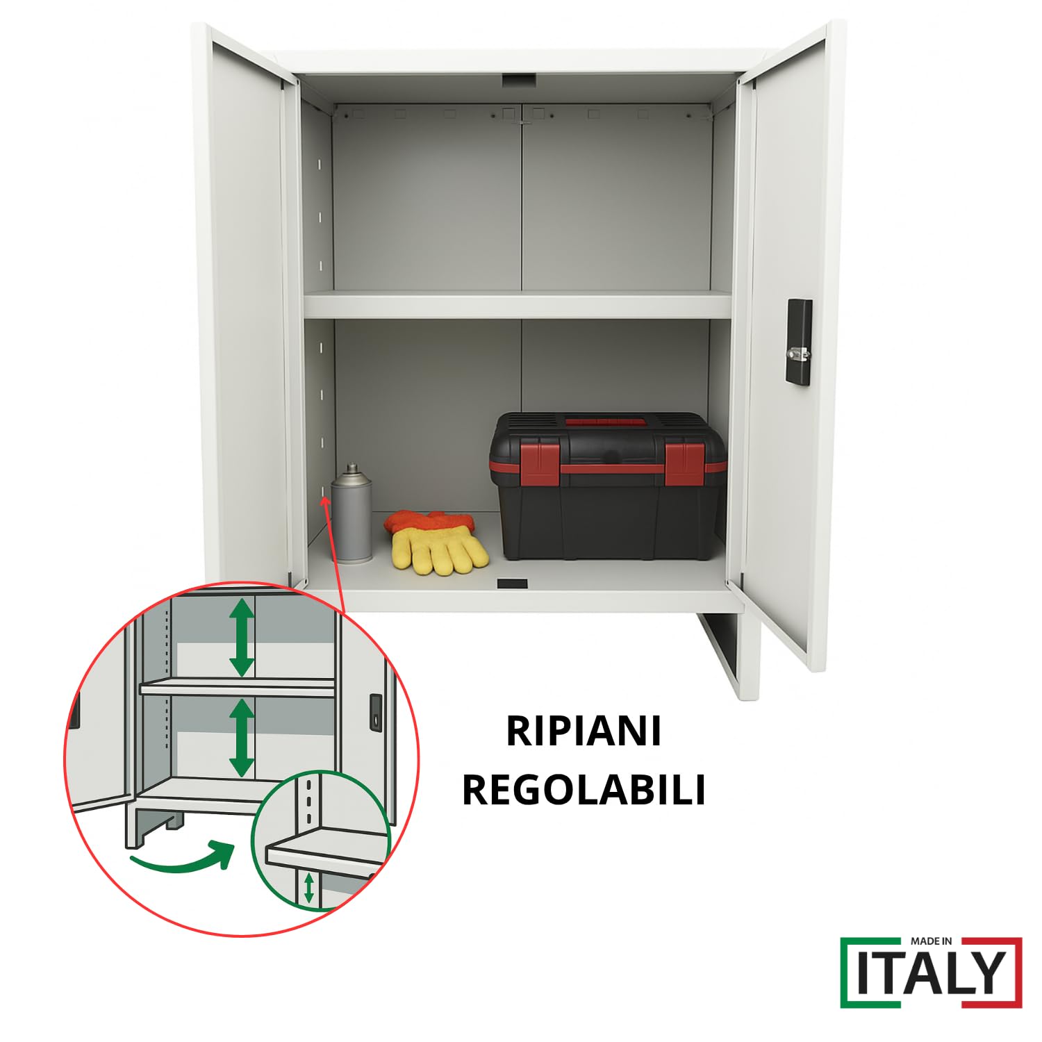 OWIJI Armadio in Metallo Armadietto 2 Ante Grigio Premium Quality Made in Italy Archivio Documenti 80 x 40 x 80 cm Serratura Doppia Chiave Ripiano Regolabile Casa Ufficio Garage Mobile Ufficio