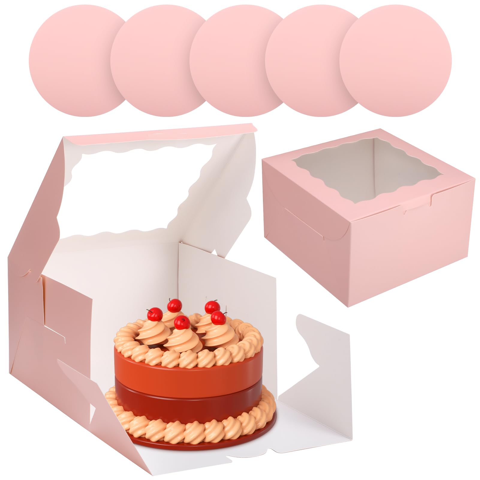 saerryor 8 Pcs 8x8x5 Inch Pink Cake Boxes with Cake Boards, Cardboard Square Baking Boxes with Window Cakes Containers for Bakery Cookies Dessert Wedding Birthday Party