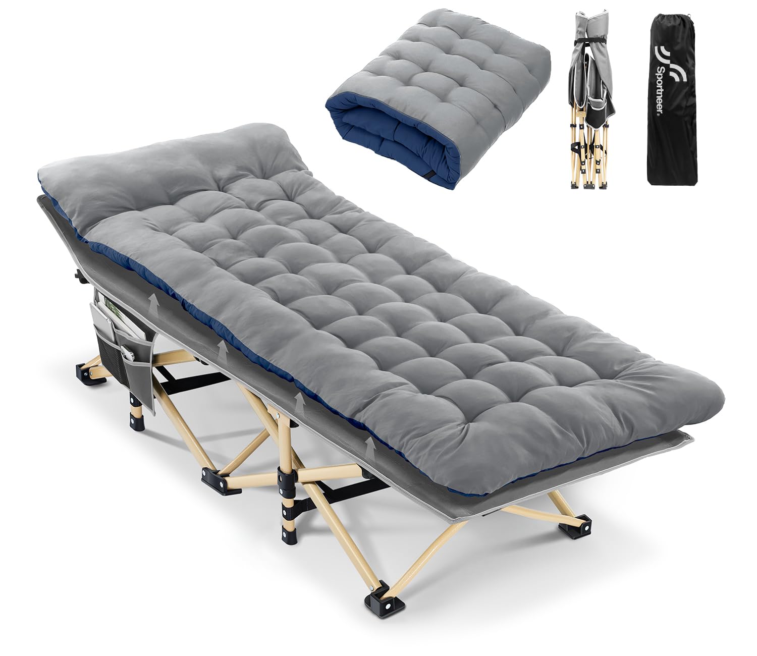 Sportneer Culla da Campeggio Portatile con Materasso, Lettino Pieghevole per Adulti 188 x 71 x 35 cm Pesante Pieghevole con Imbottitura per Tenda da Campeggio, Ufficio