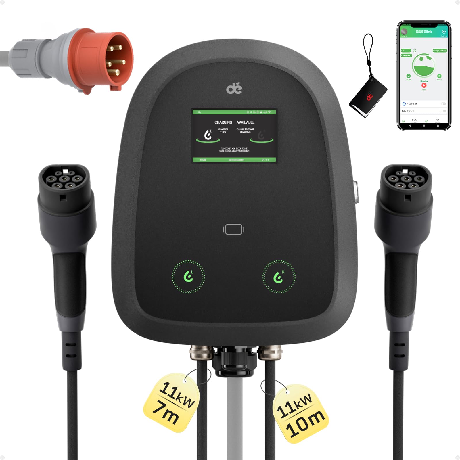 dé Wallbox Doble 2×11kW [7m+10m, 2×16A, Trifásico] Estacion de Carga Coche Electrico 11kW con Cable Doble Tipo 2, Wallbox Trifásico con App y RFID Simultánea para 2 Vehículos, para BEV/PHEV