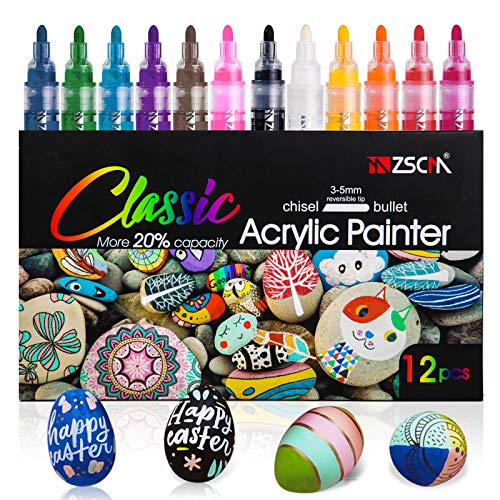 Acrylic Paint Pens Markers, ZSCM 12 Colors Rocks Painting Marker Pens, for Easter Eggs, Kids Adults Drawing, Ceramic, Glass, Wood, Fabric, Mugs, DIY Crafts, Scrapbooking, Gift Card Making, Medium Tip