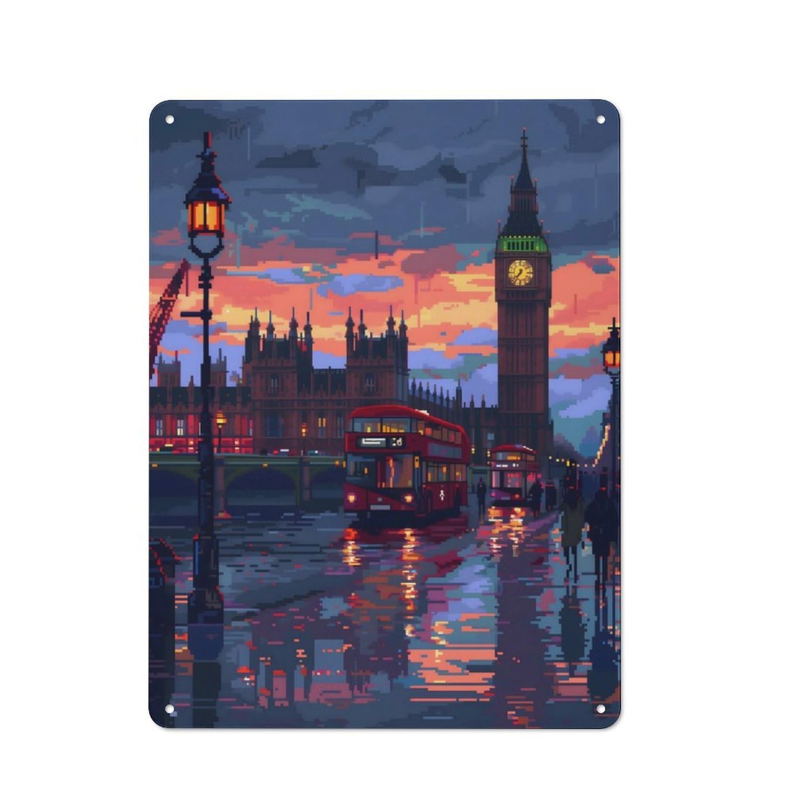 Junmoney London Pixel Art 8Bit Metal Sign 40X30cm With For Workshop Wall, Rustic Decor, For Garage, Workshop And Man Cave Decoration