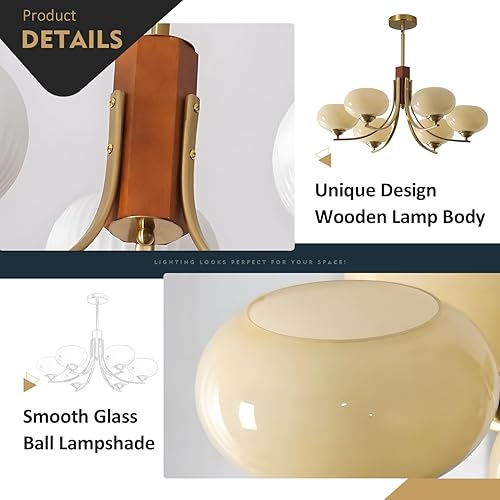 Miniatura 3 de BOKT Lámparas Colgantes de Techo Vintage de 6 Luces Araña Sputnik Dorada Lámpara Colgante Amarillo Leche Nórdica Arañas Sputnik de Mediados de Siglo