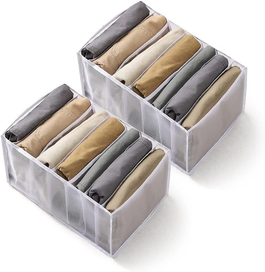 2Pack Wardrobe Clothes Organizer Washable, Jeans Compartment Storage Box Foldable Drawer Closet Organizers Leggings T-Shirt Basket Bin 7 Grids Mesh Separation Bag for Bedroom Dorm Room (white)