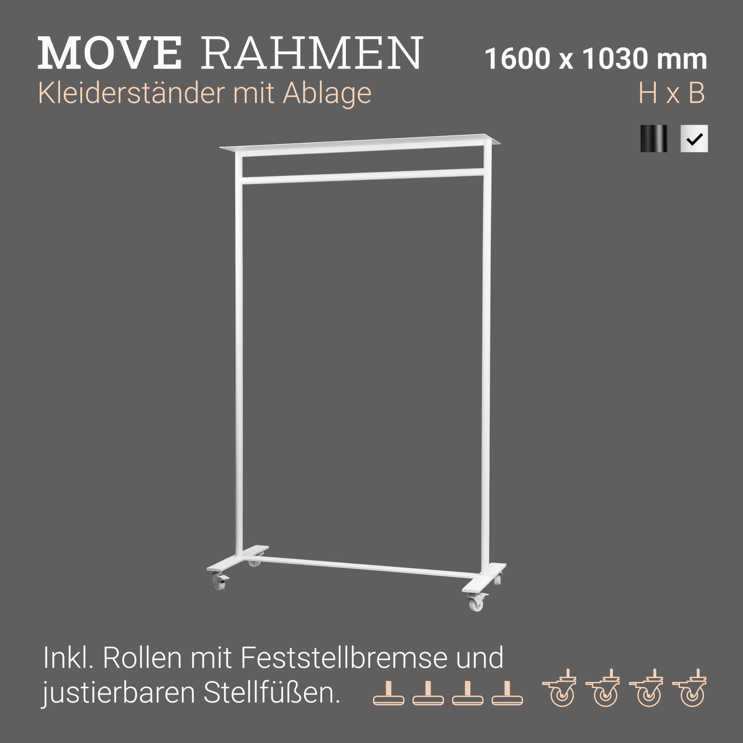 Natural Goods Berlin 1x Mobiler Kleiderständer MOVE-RAHMEN Mit Ablage - Garderobenständer Weiß 168x100cm - Kleiderständer Mit Rollen - Garderobenständer Metall - Mobile Kleiderstange Rollen