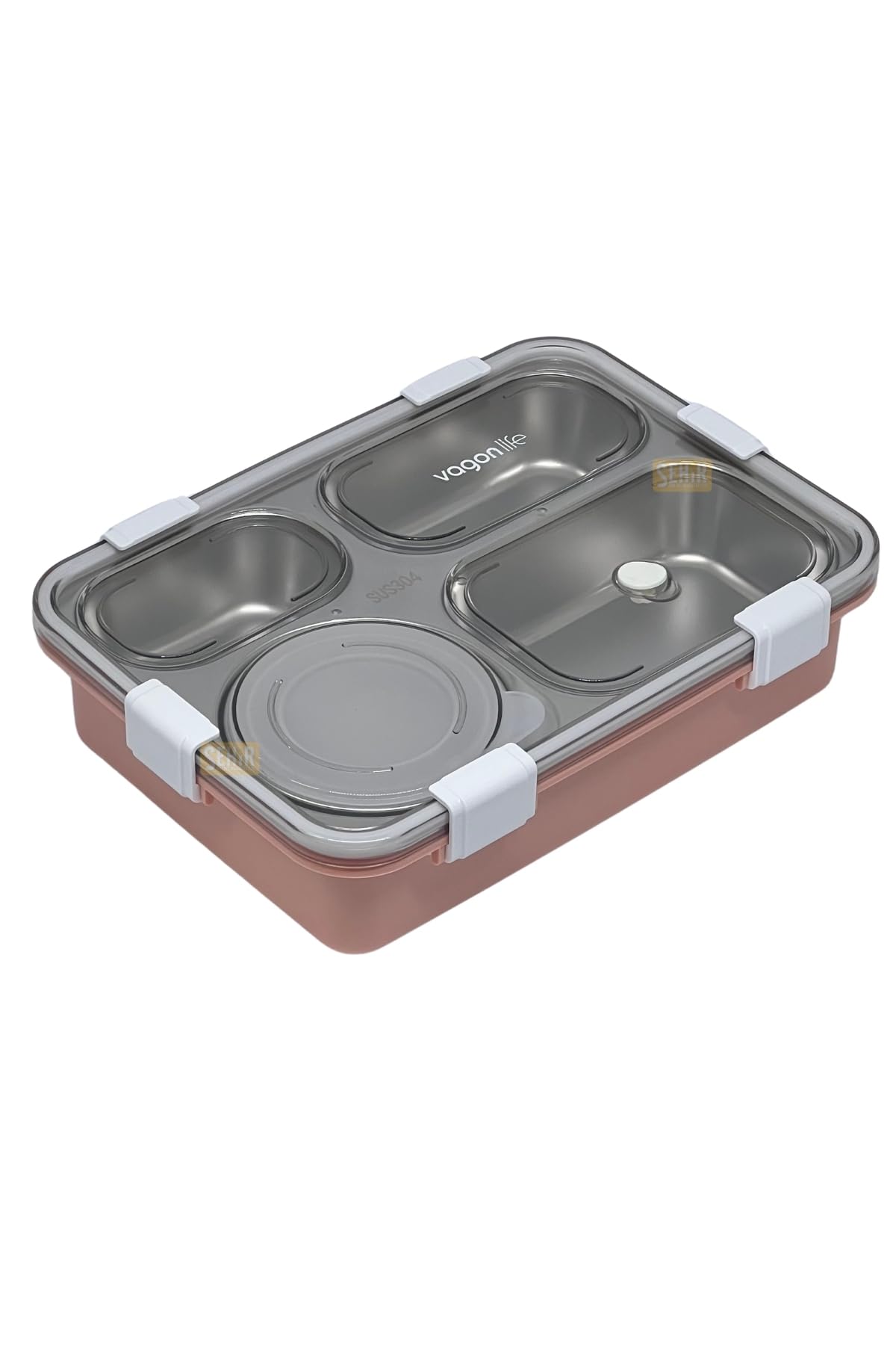 Vagonlife Bento 850ml Lunchbox Tek Katlı 4 Bölmeli ve Kaseli Çelik Sefer Tası Yemek Kutusu (Pembe)