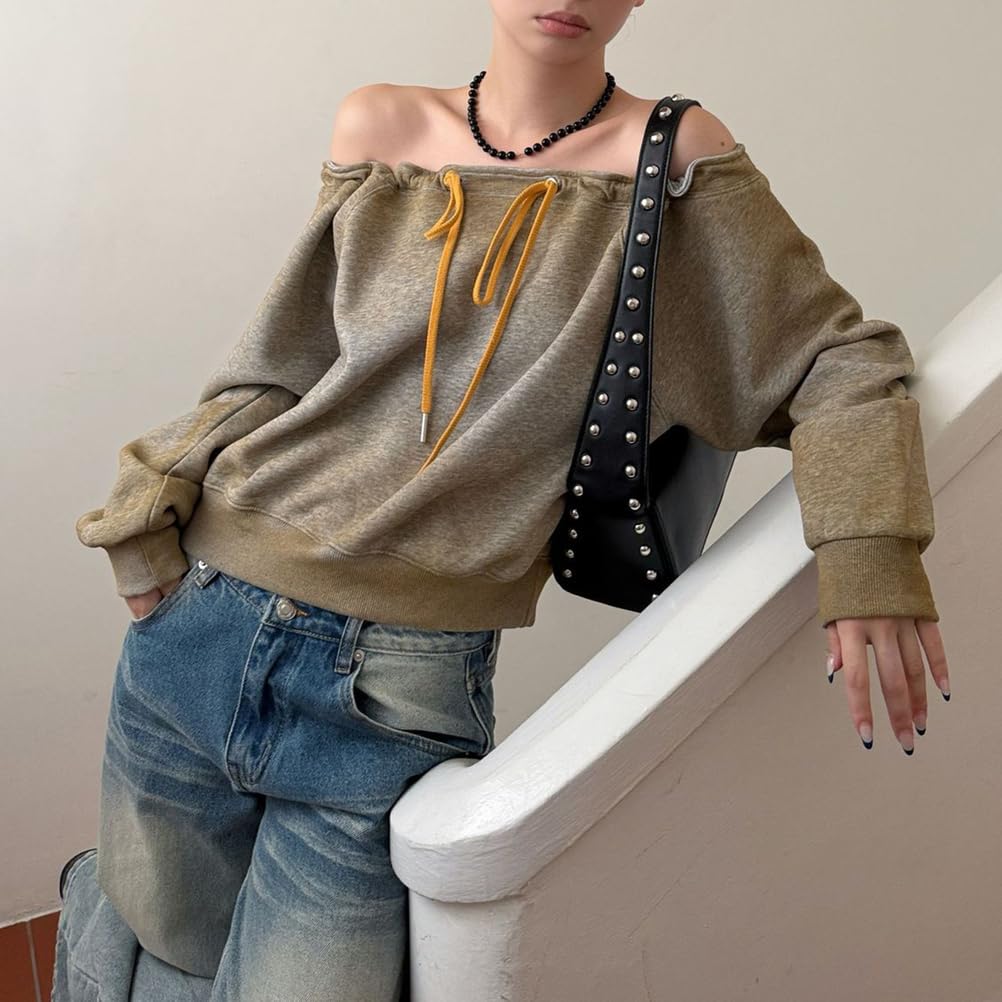 Bluza Damska z Odkrytymi Ramionami I ściągaczem Krótki Top w Stylu Retro z Długim RęKawem I Gradientem Modna Na Jesień