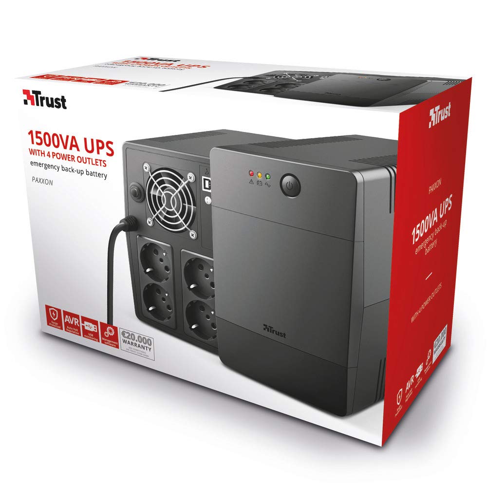 Trust Paxxon UPS Onduleur PC 1500VA, Fonction AVR 230V, Alimentation d'énergie Non Interruptible pour Ordinateur, 4 Prises Schuko, Batterie avec Protection Intégrée Contre Les Surcharges - Noir