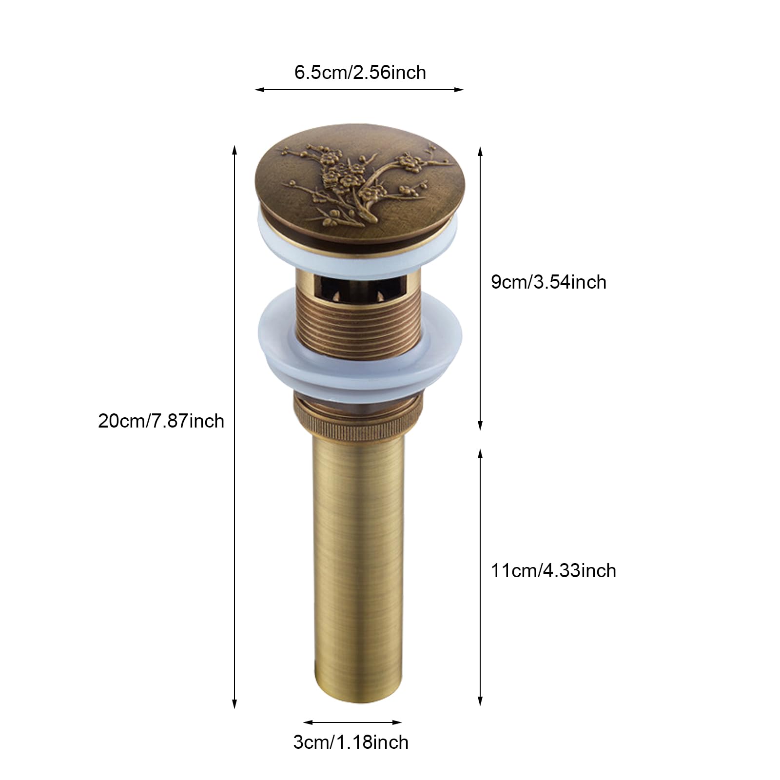 Tapón lavabo baño, tapón bidé, tapón lavabo cocina, latón, desagüe click clack, diámetro del tubo 3 cm, tapa de desagüe diámetro 6,5 cm, para bañeras de baño, cocina, lavabos, con agujeros
