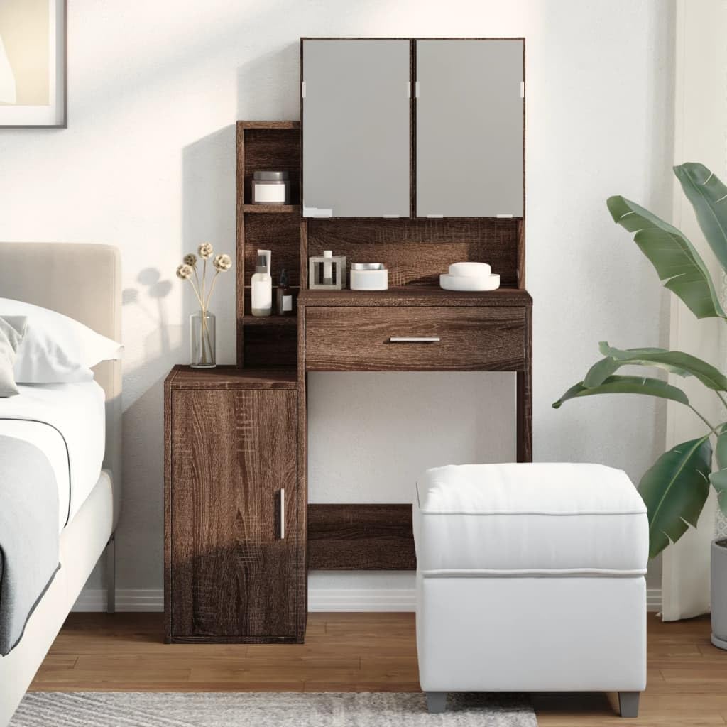 Tocador con armario marrón efecto roble 80 x 35 x 132 cm, material de madera con espejo y cajón, para dormitorio, habitación de niña, habitación juvenil, con mucho espacio de almacenamiento y