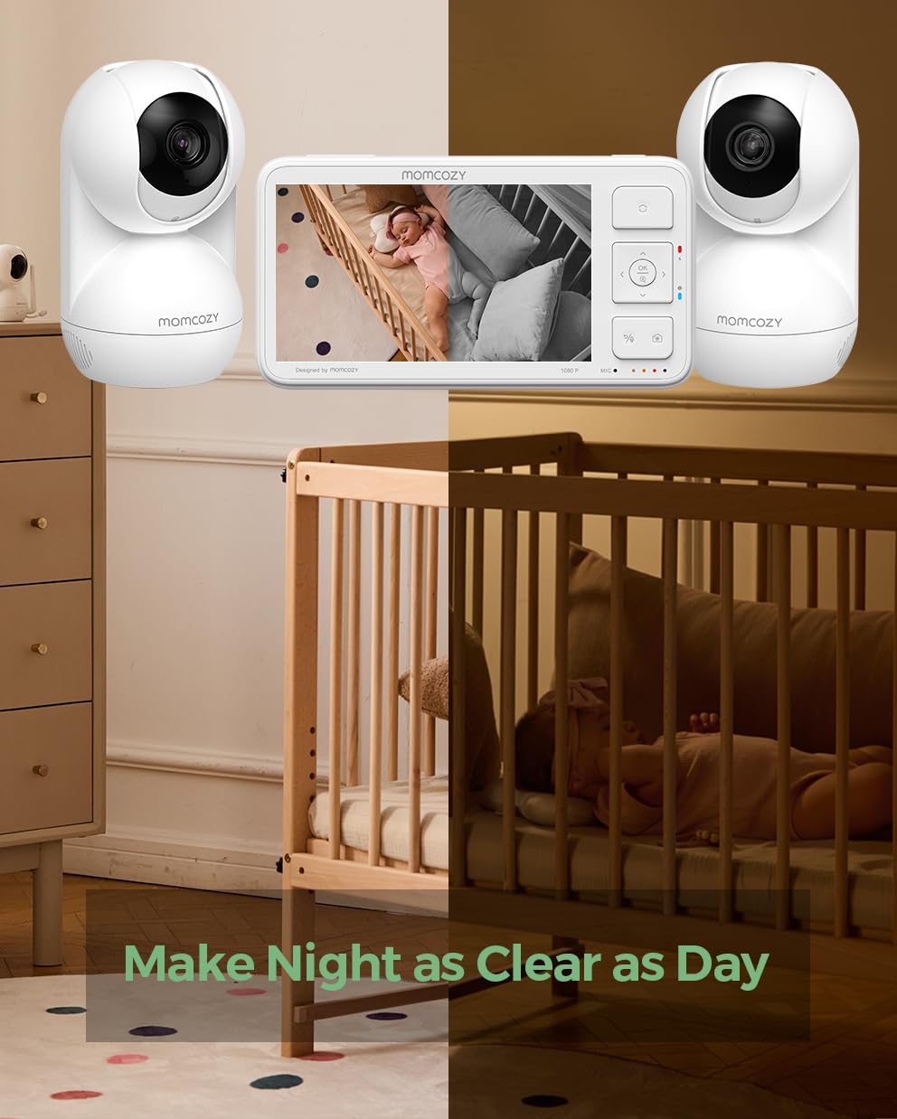 Comparison image showing a baby's room in daylight and then in clear night vision via the Momcozy monitor.
