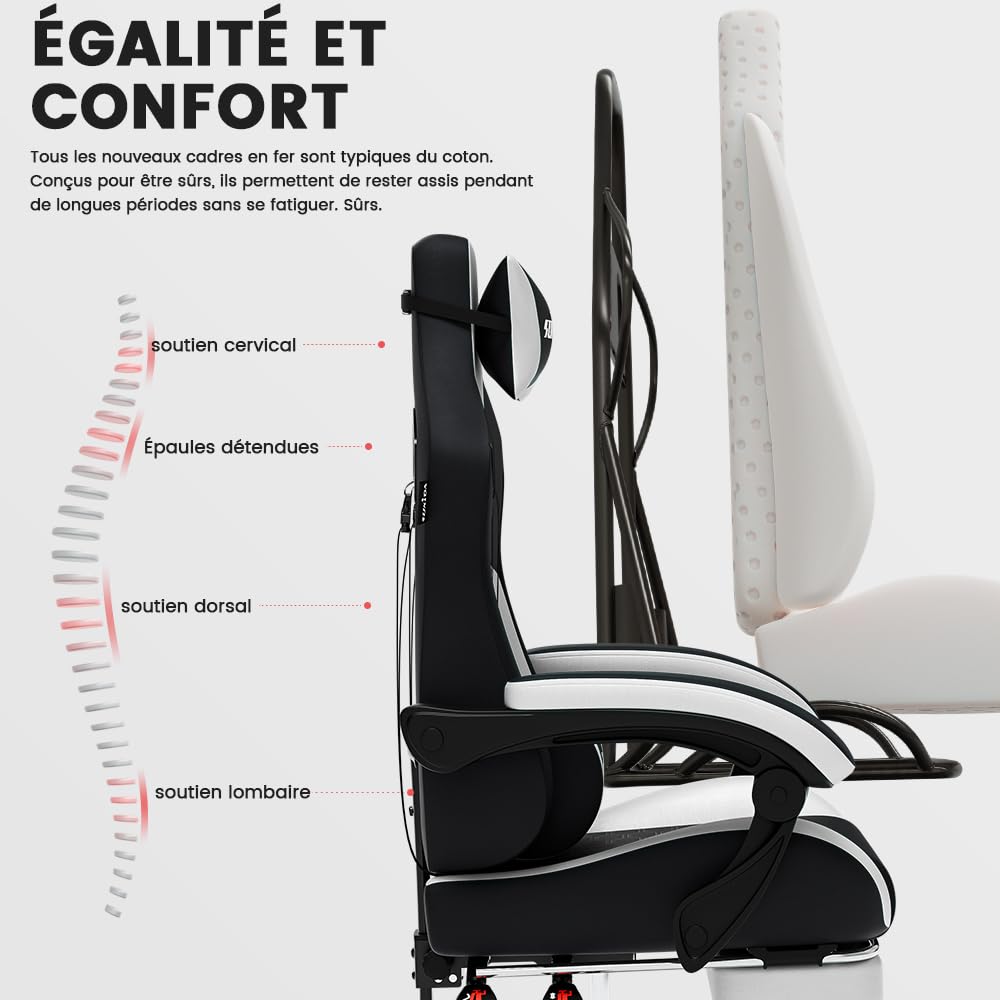 SUKIDA Chaise de Gaming Ergonomique en Cuir synthétique avec Appui-tête et Soutien Lombaire - Jusqu'à 150 kg | Cuir PU respirant, Appuie-Tête et Soutien Lombaire inclus, Dossier Inclinable 90°-135°, Idéal pour Gaming et Home Office
