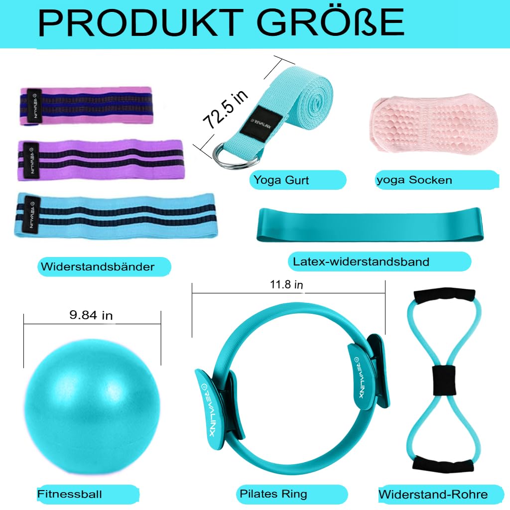 Pilates Set Zuhause 9tlg, Pilates Yoga Set mit Pilatesring Damen, Yogaball, Widerstandsbändern, Gurt, Fitnessband, Rutschfesten Socken, Pilates Zubehör Damen, Pilates Reformer