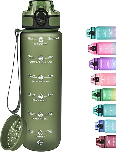 GOSWAG Botellas de agua motivacionales de 32 onzas con marcador de tiempo y colador de frutas, botella de agua deportiva con tiempos para beber, a