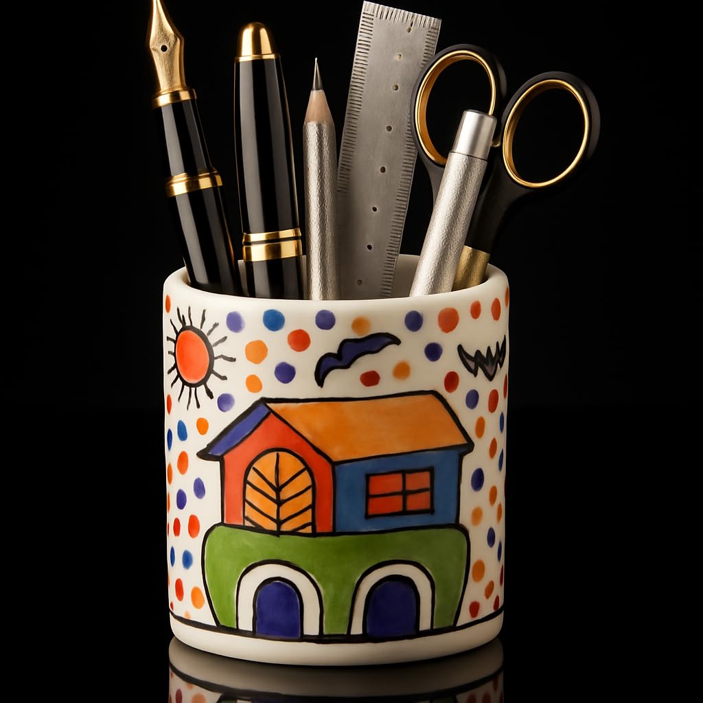 Colorful Hand-Painted House Ceramic Pen and Pencil Holder Desk Organizer
