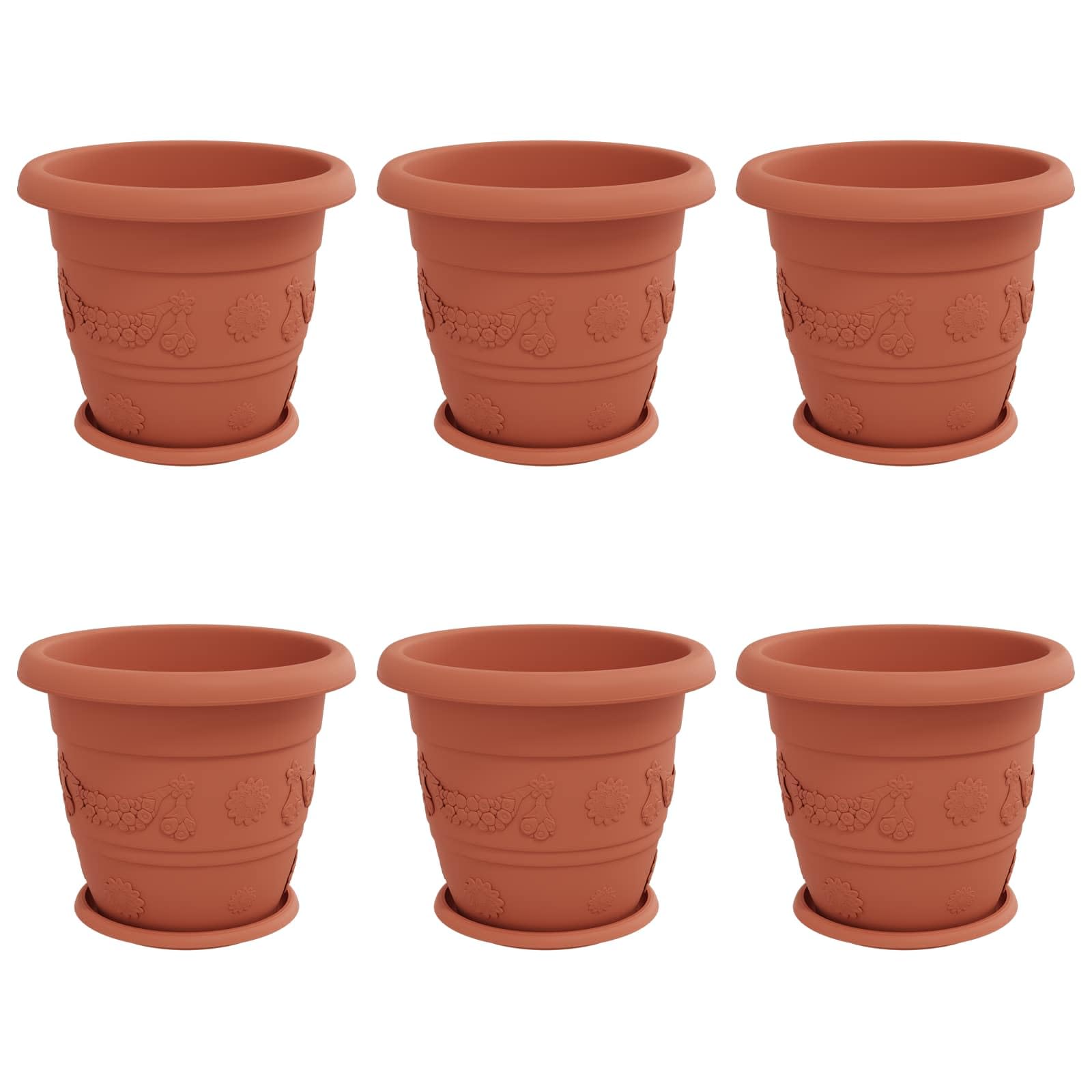 6er Set Blumentöpfe Ziegelrot Ø 34 cm, Moderne Pflanzgefäße aus Kunststoff für Außen und Innen, Runde Pflanztöpfe mit Entwässerungslöchern für Garten Balkon Terrasse