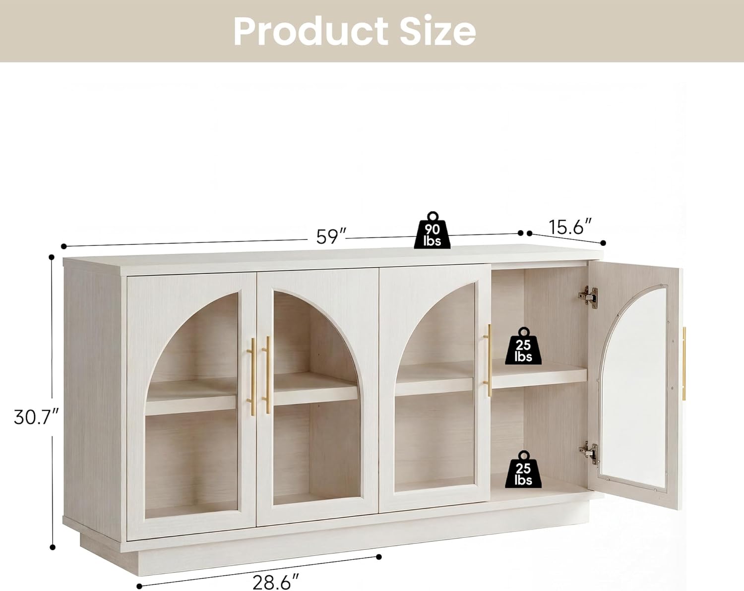 Fatmok 59" Buffet Cabinet with Glass Doors, Modern Arched Sideboard with Large Storage and Adjustable Shelves, Accent Console Credenza for Dining Room, Living Room, Entryway, White Wood Grain