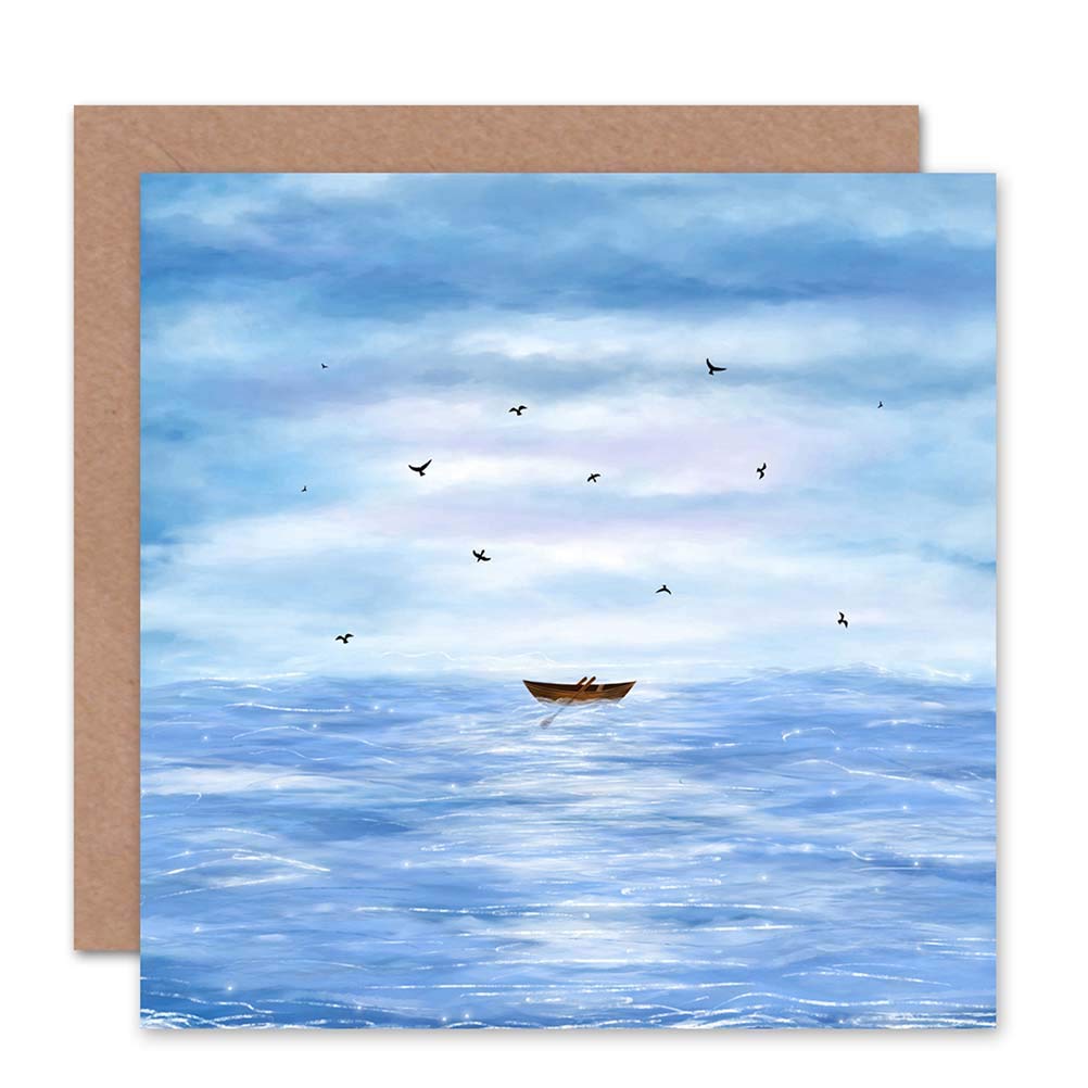 Wee Blue Coo ROW BOAT BIRD SEA PAINTING SCENE BLANK GREETINGS BIRTHDAY CARD ART