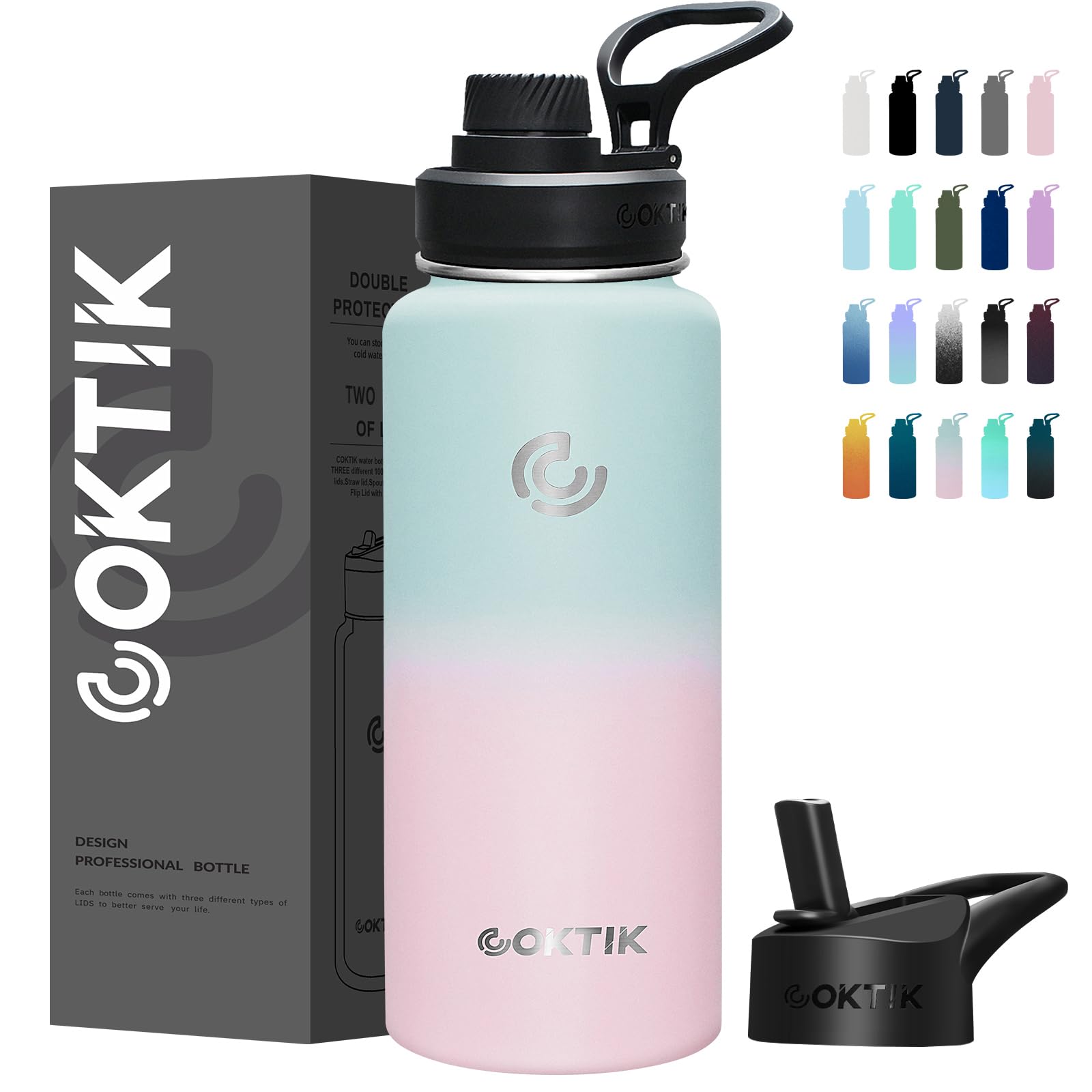 COKTIK Edelstahl-Isolierflasche 1,2 Liter – Mit 3 Deckeln Und Strohhalm, Auslaufsicher