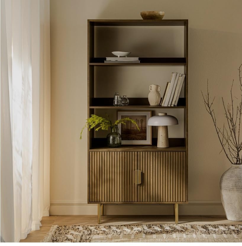 Rathkaar Wooden Book Shelf for Home Library Bookshelf Display Showcase Book Stand with 2 Door Cabinet and 3 Open Shelves Storage Solid Mango Wood Rattan for Living Room Office (Design5)-picture-19