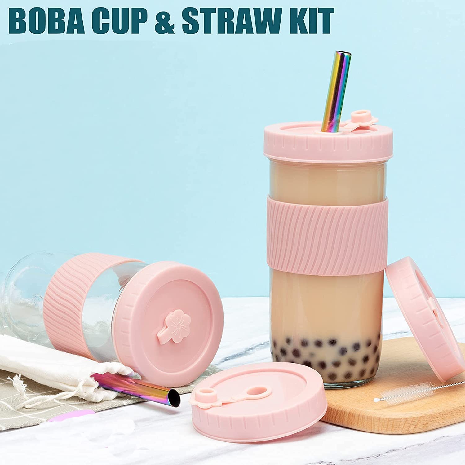 Duffy Boba - Set di tazze riutilizzabili per acqua, 730 ml, apertura larga, a tenuta stagna, grande capacità, per bere frullati, tazze ghiacciate per ufficio e casa, 680,4 g (nero
