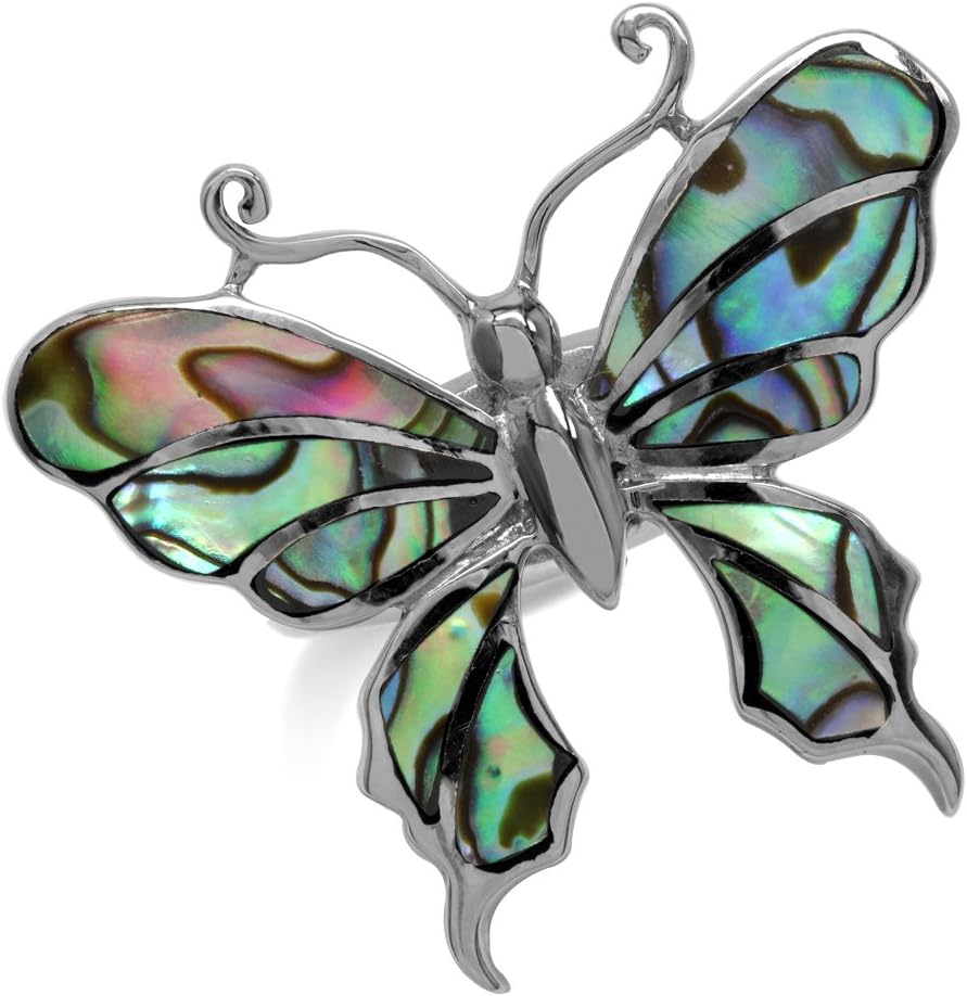 Silvershake Big Abalone Paua Shell Inlay White Gold Plated 925 Sterling Silver Butterfly Ring