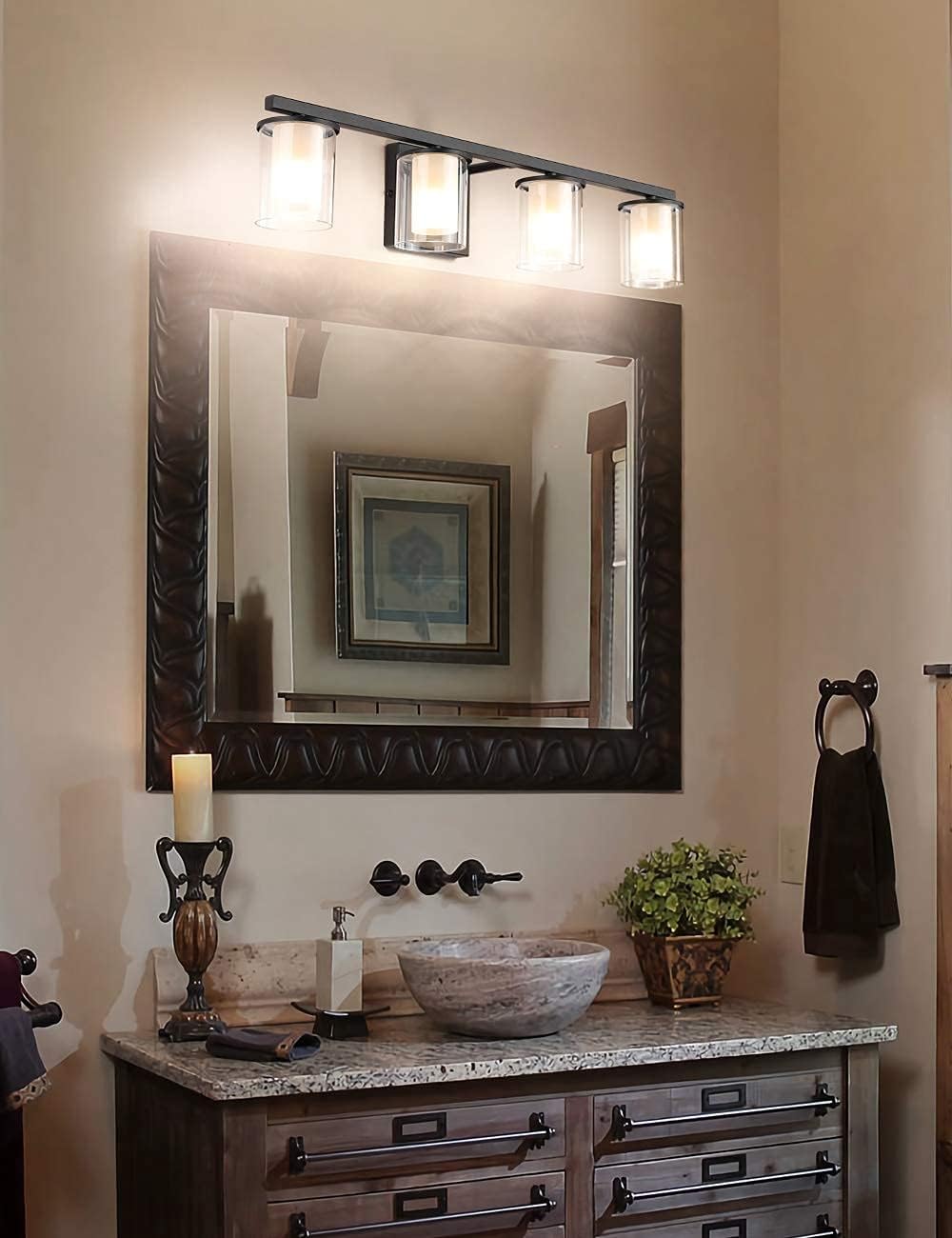 4-Light Bathroom Vanity Light Fixtures,Farmhouse Sconces Wall Mount Lighting Fixtures in Bathroom with Glass Shades, Modern Vintage Bath Wall Lights for MirrorBlack Finshing 25.79 inch, (G9 Socket)