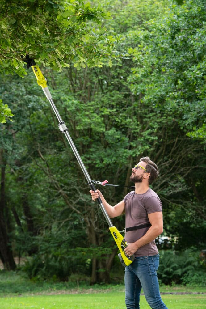 RYOBI - Coupe-Branches Télescopique 18V One + Lames Bypass 32 mm - Tête Articulée - Longueur 190 à 270 cm - avec Harnais Bretelle 1 batterie 2Ah compacte et 1 chargeur rapide