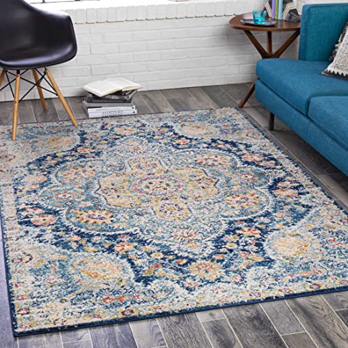 BoutiqueRugs Blue Medallion Traditional 8x10 Large Area Rug Cream Navy Yellow Dark Pink Light Slate Mallacoota Great Room Open Concept Master Bedroom Large Dining Room 7'10" x 10'2" Stain Resistant