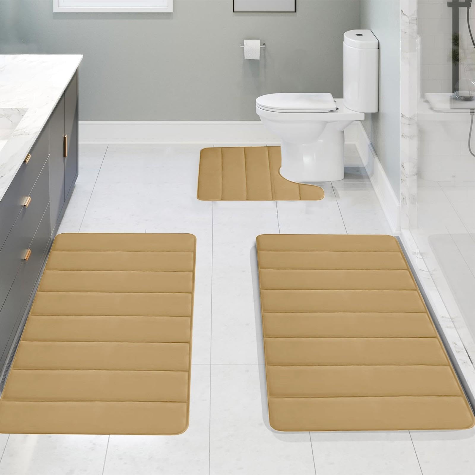 Badezimmermatten-Set aus Memory-Schaum, 3-teilig, Badteppich, WC-Matten, weich und bequem, sehr saugfähig, rutschfest, dick und maschinenwaschbar, schnell trocknende Bodenmatten (Khaki)