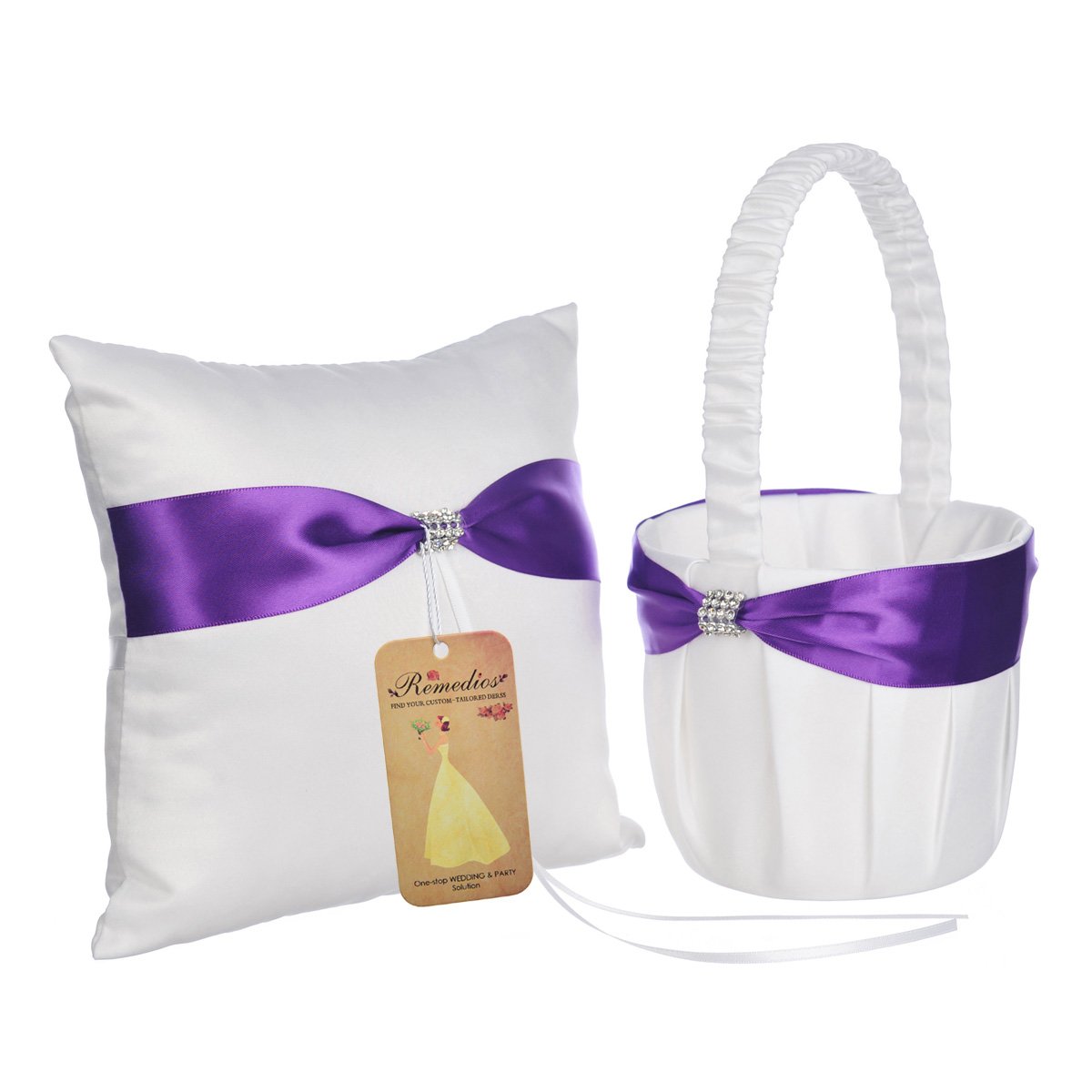 Topwedding Purple Bow White Satin Wedding Ring Bearer Pillow