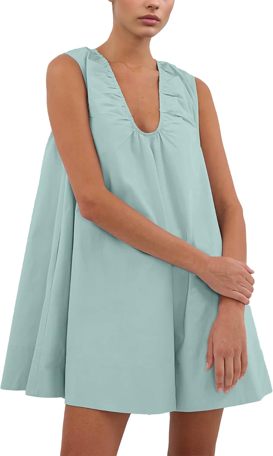 Women's Mini Babydoll Tank Dress Bubble Sleeveless Dresses Scoop Neck Ruched Short Summer Sundress with Pockets