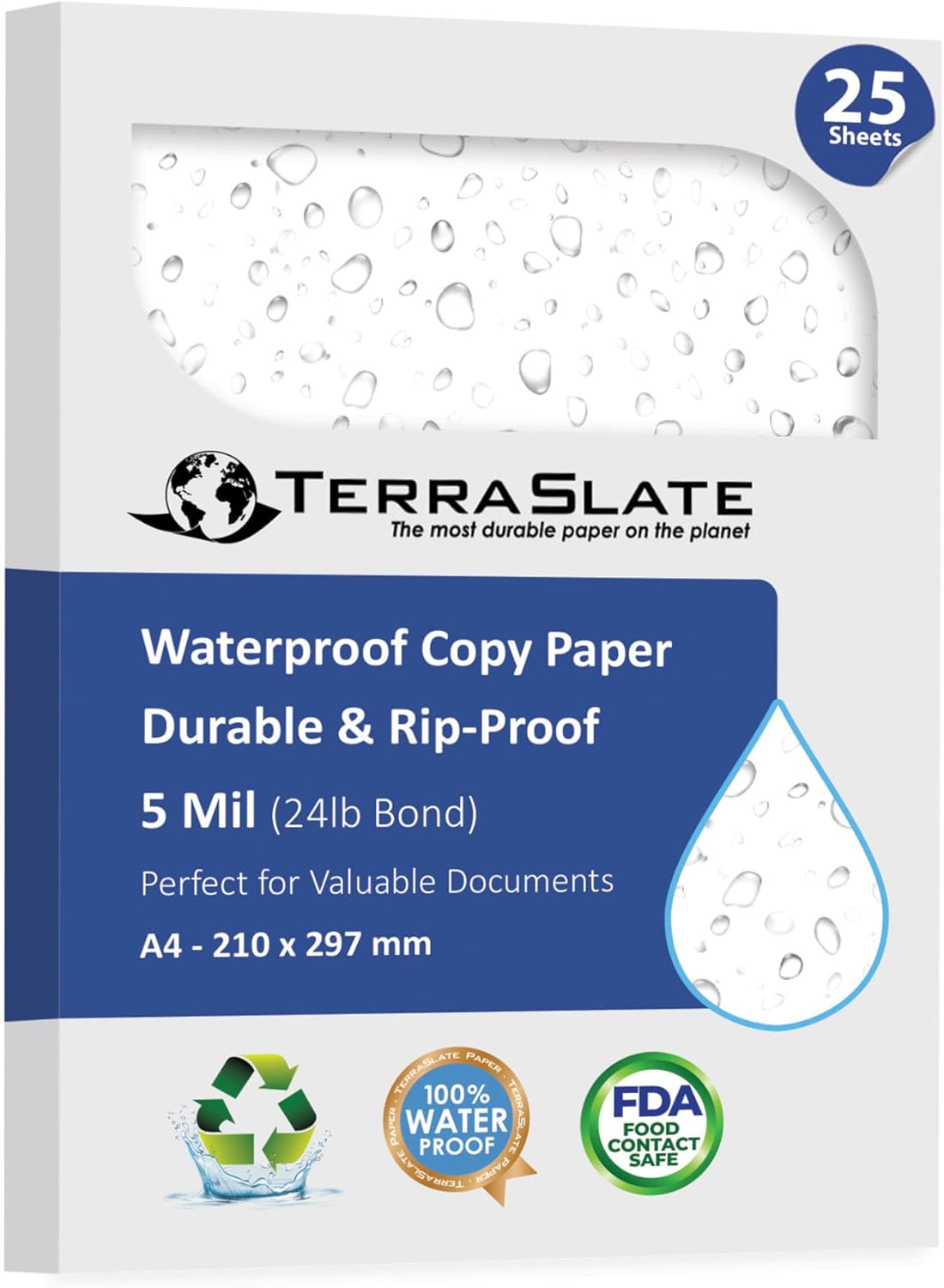 TerraSlate Waterproof Laser Printer Paper – Rip-Proof, Weatherproof, 5 Mil (24lb Bond), A4 Size 210 x 297 mm, 25 Sheets, White, Synthetic Paper for Outdoor Use