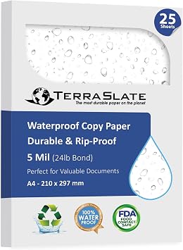 TerraSlate Waterproof Laser Printer Paper Rip-Proof, Weatherproof, 5 Mil 24lb Bond, A4 Size 210 x 297 mm, 25 Sheets, White, Synthetic Paper for Outdoor Use