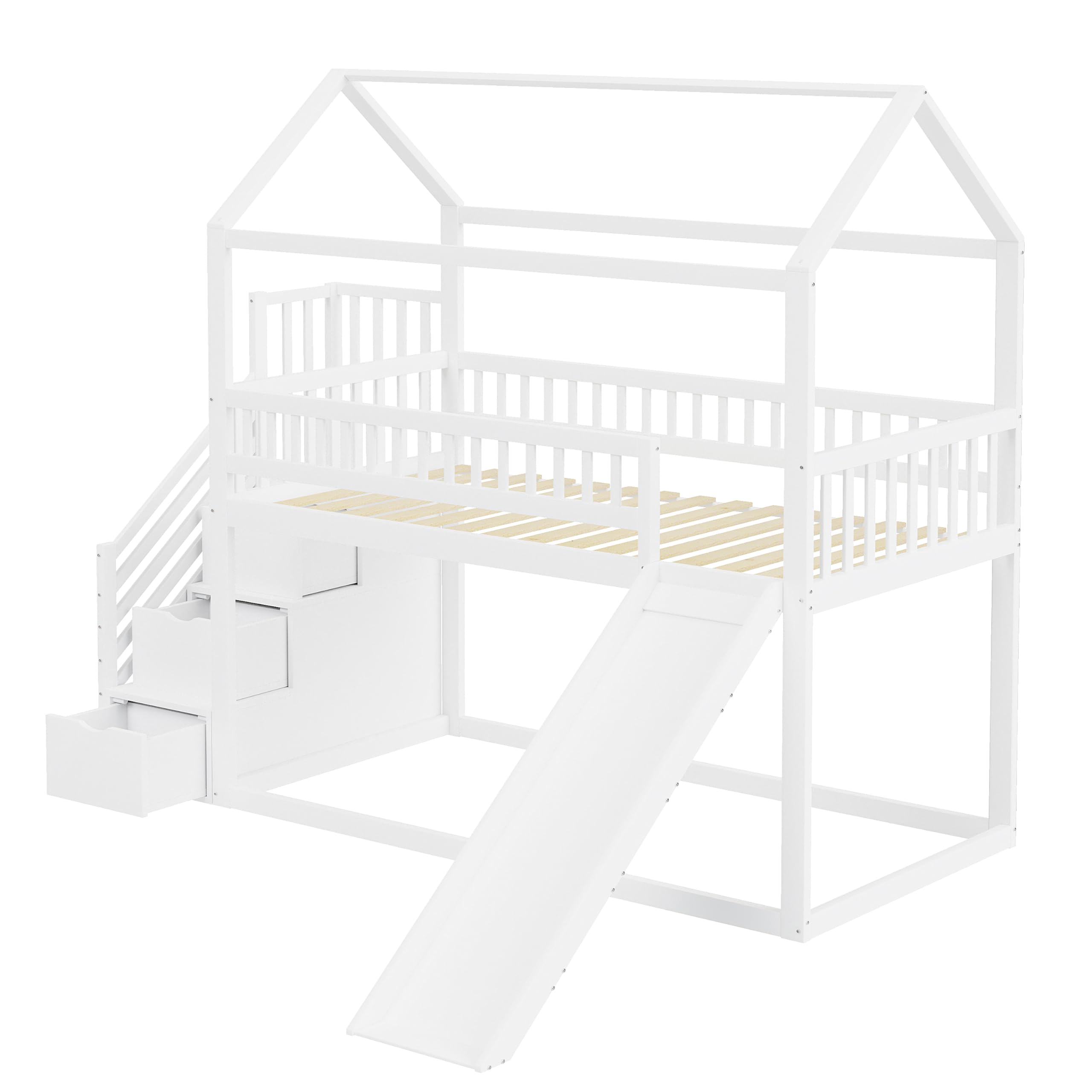 Hochbett Kinderetagenbett 90x200 cm, Multifunktionales Kinderbett, mit Rutsche und 3 Stauraumleiter, hohe Zaunkonstruktion, Massivholzbettrahmen, Lattenrost,Weiße