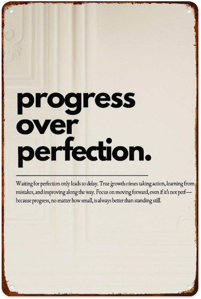 Motivational Wall Decor Progress Over Perfection Uplifting Quote Positive Vibes Typography Aluminum Tin Signs Minimalist Metal Posters for Kitchen Bar Room Bedroom Bathroom Decoration 8x12 Inches