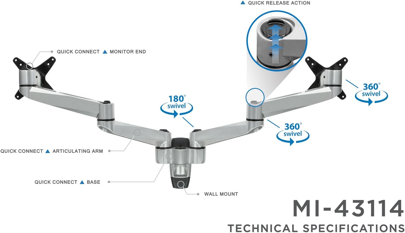 Mount-It! Dual Full Motion Monitor Wall Mount, Compatible with VESA 75 and 100, Fits Computer Screens 19, 20, 21, 24, 27, 30 Inches, Silver (MI-43114)