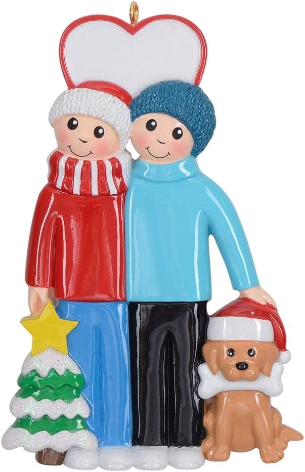 Couple with Dog Christmas Ornament 2026 Personalized Pet Family Keepsake | First Christmas with Dog, Dog Mom and Dad, Fur Baby Family, Polyresin Winter Couple, Santa Hat Pup, Heart Year Tree Display